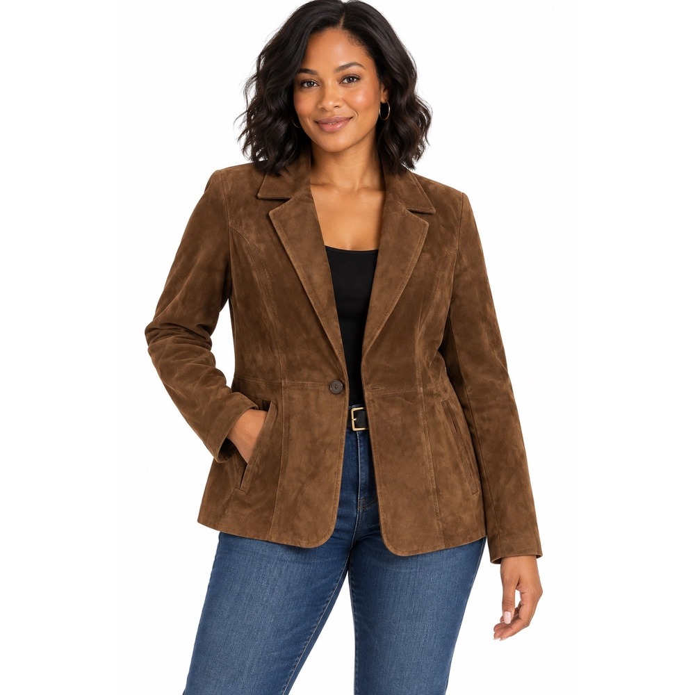 Frenchi Brown Genuine Leather Suede Single Button Blazer Jacket Womens Med VTG